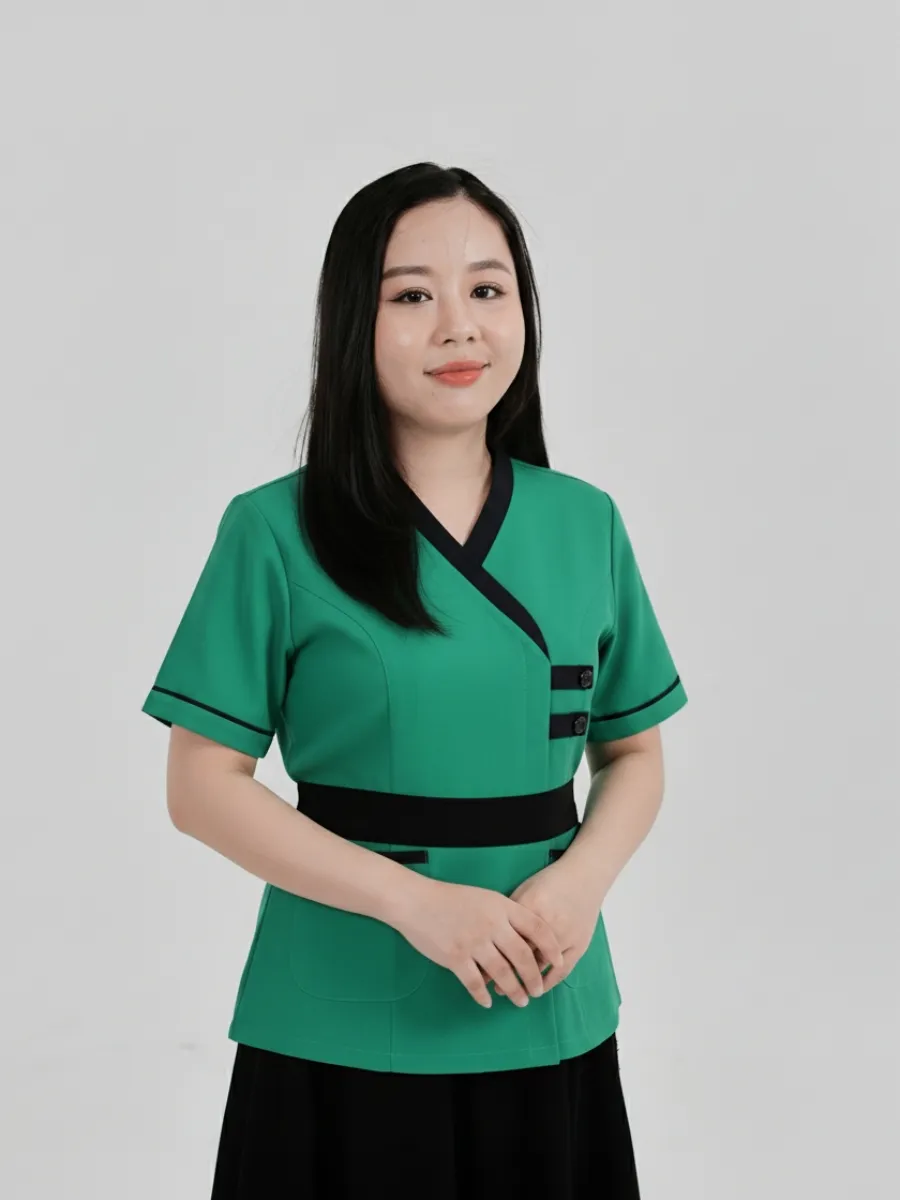 Đồng phục spa xanh lá phối cổ áo đen - 12