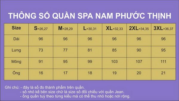 Bảng size quần spa nam và nữ tại Đồng phục Phước Thịnh