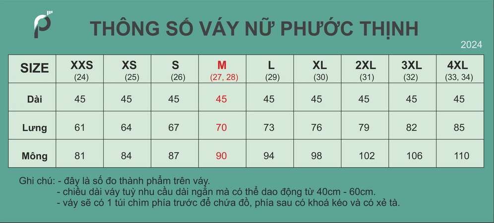 Bảng size váy của nữ tại Đồng phục Phước Thịnh