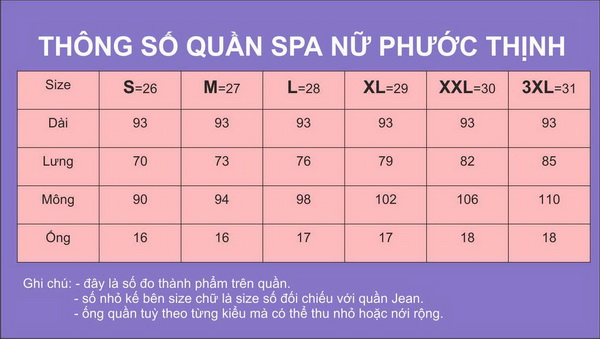 Bảng size quần spa nam và nữ tại Đồng phục Phước Thịnh