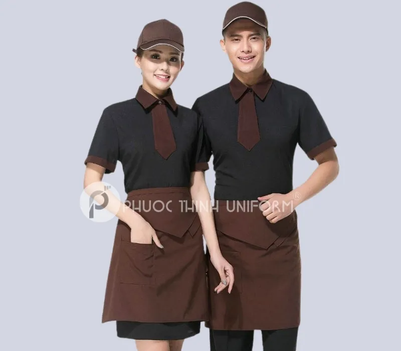 Mẫu đồng phục tạp vụ có phụ kiện tạp dề, mũ đi kèm