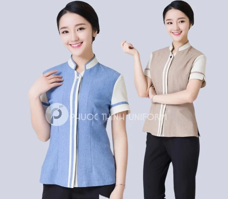 Mẫu áo đồng phục tạp vụ cho nữ phối cùng quần âu
