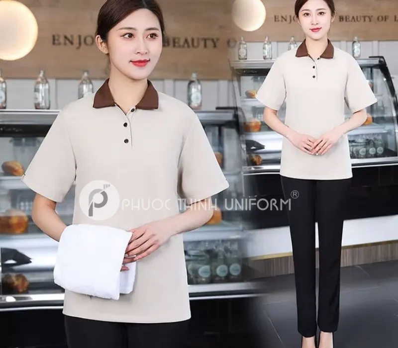 Mẫu đồng phục tạp vụ nữ thiết kế đơn giản với màu sắc nhẹ nhàng 