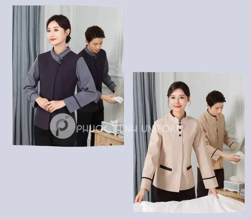 Mẫu đồng phục tạp vụ cổ trụ thanh lịch cho khách sạn 