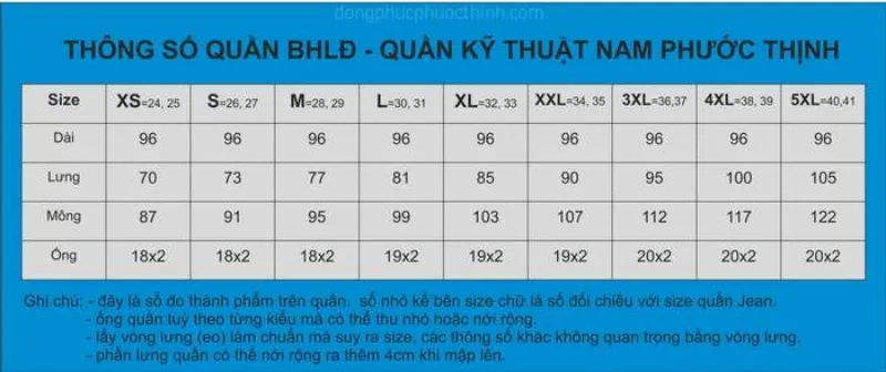 Bảng size quần đồng phục bảo vệ tại Phước Thịnh