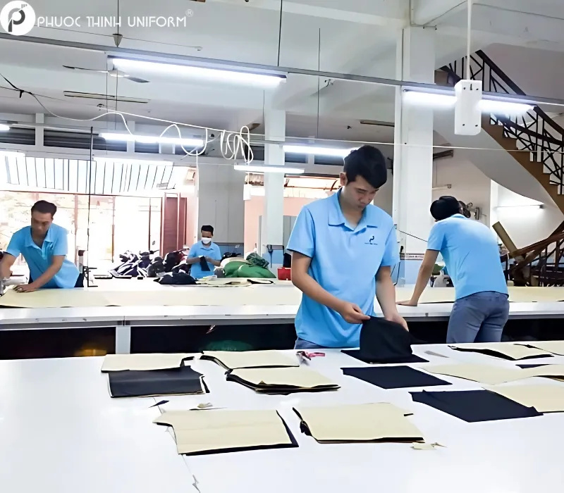 Hình ảnh nhân viên tại Phước Thịnh đang cắt vải bán thành phẩm 