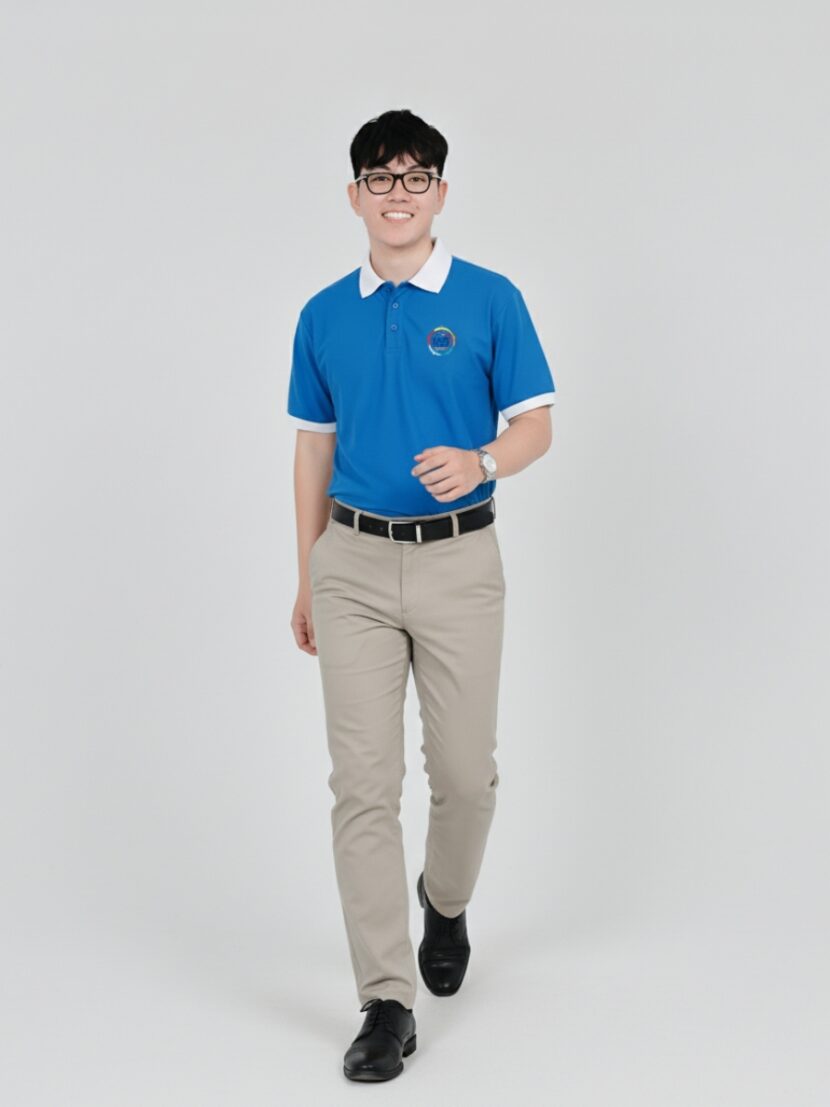 Áo polo đồng phục xanh cổ trắng