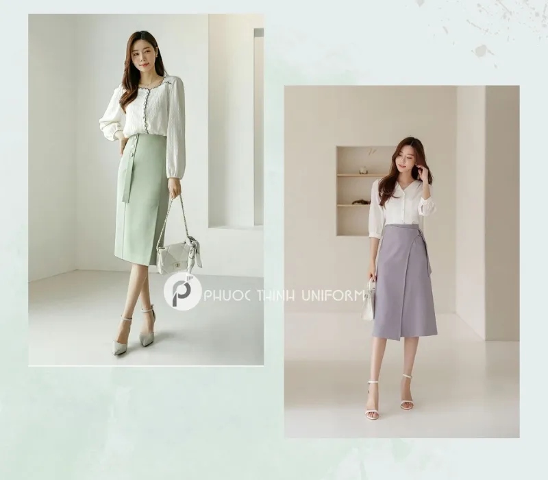 Top 15+ mẫu chân váy công sở dài qua gối đẹp, thanh lịch cho nữ văn phòng Mẫu chân váy dài qua gối với thiết kế vạt trước ấn tượng