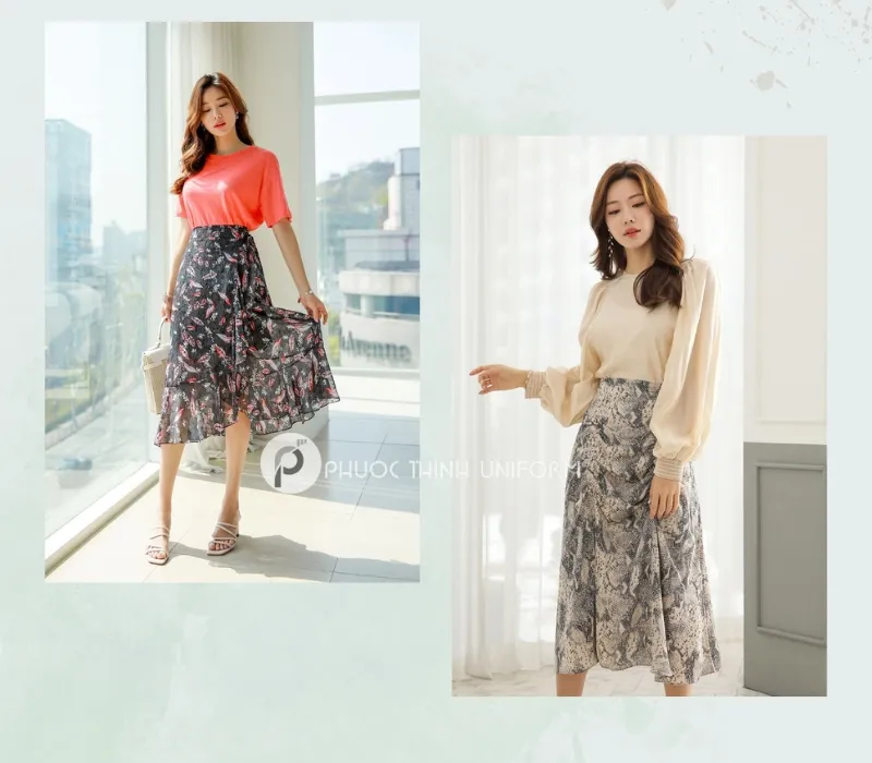 Top 15+ mẫu chân váy công sở dài qua gối đẹp, thanh lịch cho nữ văn phòng Mẫu chân váy dài qua gối họa tiết hoa trẻ trung, năng động