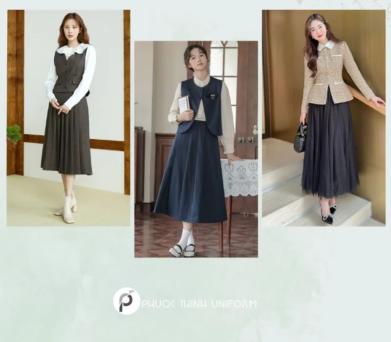 Mix chân váy dài qua gối cùng vest, gile 