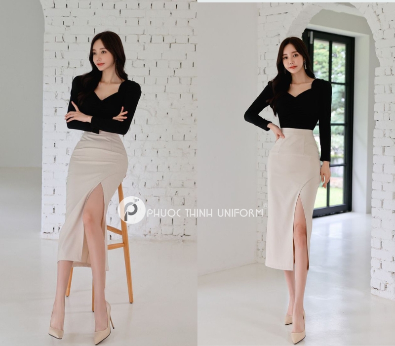Top 15+ mẫu chân váy công sở dài qua gối đẹp, thanh lịch cho nữ văn phòng Mẫu chân váy công sở dài qua gối xẻ tà quyến rũ nhưng vẫn kín đáo