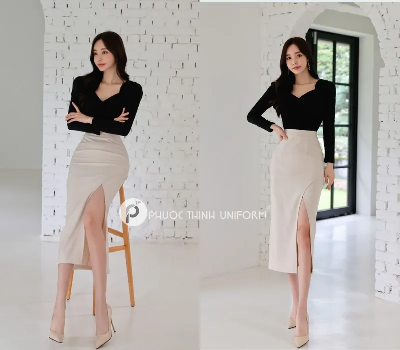 Top 15+ mẫu chân váy công sở dài qua gối đẹp, thanh lịch cho nữ văn phòng Mẫu chân váy công sở dài qua gối xẻ tà quyến rũ nhưng vẫn kín đáo