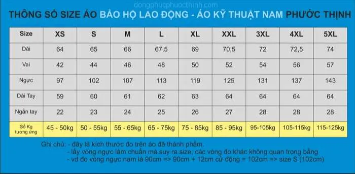 Đồng phục bảo hộ lao động 04 Size áo đồng phục công nhân tại Đồng Phục Phước Thịnh