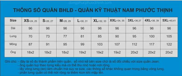 Đồng phục bảo hộ lao động 04 Bảng size quần đồng phục công nhân của Phước Thịnh Uniform