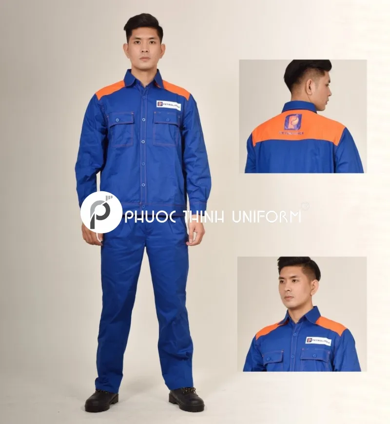 Đồng phục bảo hộ lao động 04 Mẫu đồng phục công nhân xăng dầu với thiết kế logo thương hiệu nổi bật ở ngực trái và sau lưng