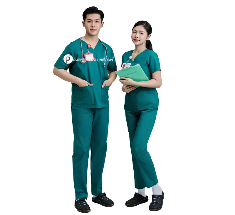 Đồng phục bác sĩ phẫu thuật màu xanh lá đậm, chất liệu cao cấp, kháng khuẩn tốt
