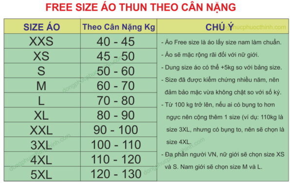 Bảng size áo thun quảng cáo dành cho các mẫu áo freesize