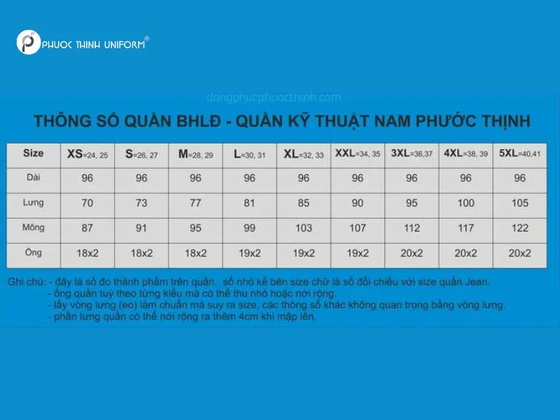 Bảng size áo đồng phục chuẩn cho người Việt tại Đồng Phục Phước Thịnh Bảng size quần bảo hộ lao động tham khảo của Đồng Phục Phước Thịnh