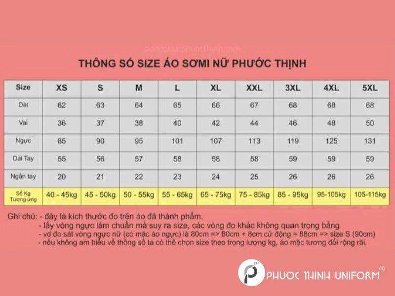 Bảng size áo đồng phục chuẩn cho người Việt tại Đồng Phục Phước Thịnh Bảng size áo sơ mi nữ chuẩn của Đồng Phục Phước Thịnh