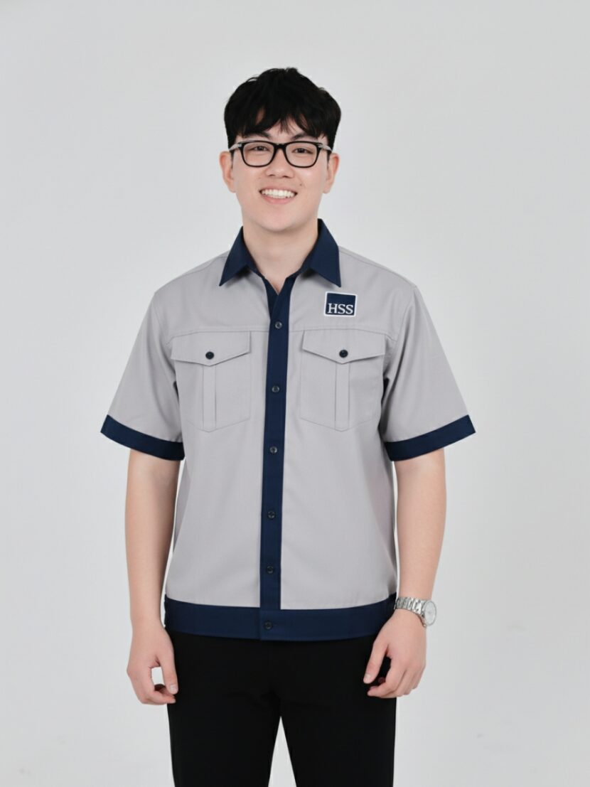 Áo đồng phục bảo hộ lao động màu xám sọc xanh dương – 10