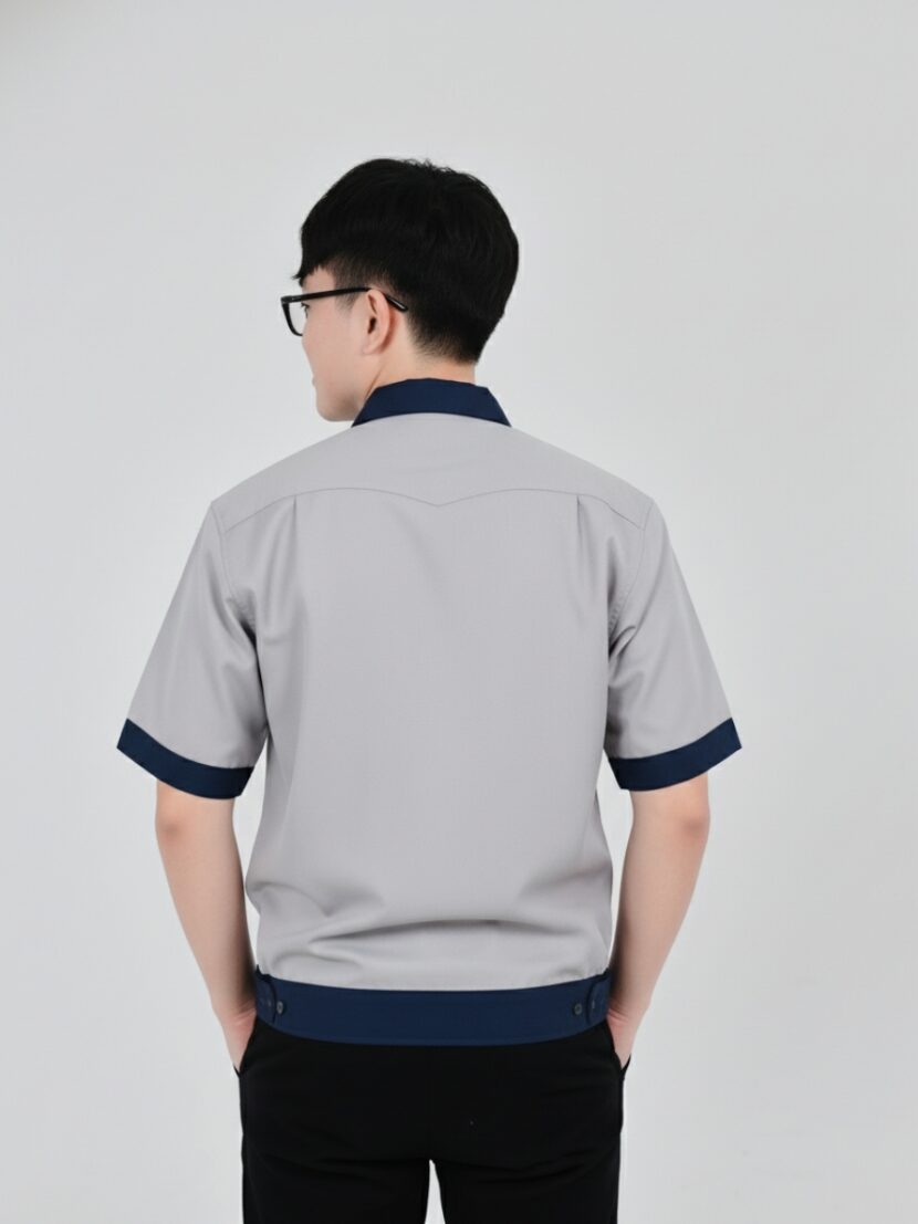 Áo đồng phục bảo hộ lao động màu xám sọc xanh dương – 10