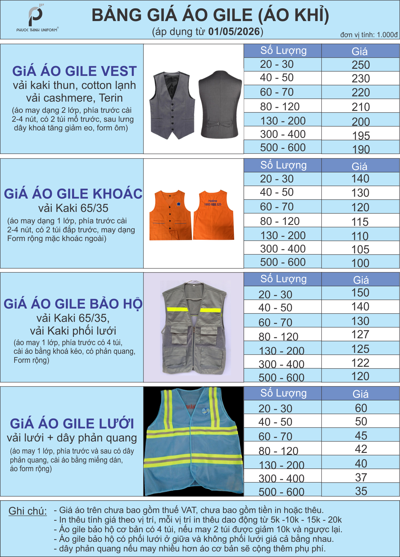 Áo Gile Đồng Phục 06 Bảng giá áo gile tại Đồng phục Phước Thịnh