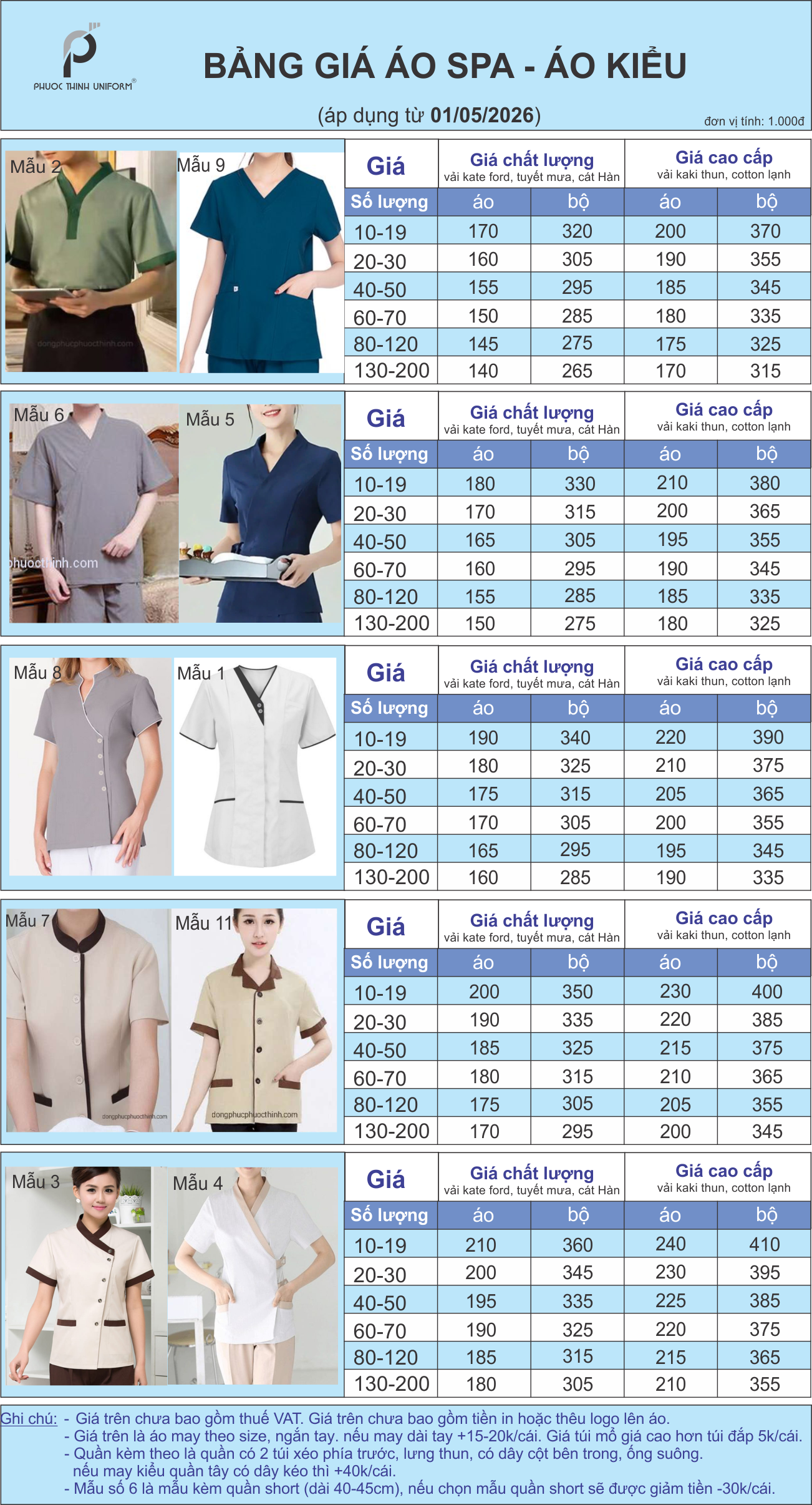 bảng giá may đồng phục