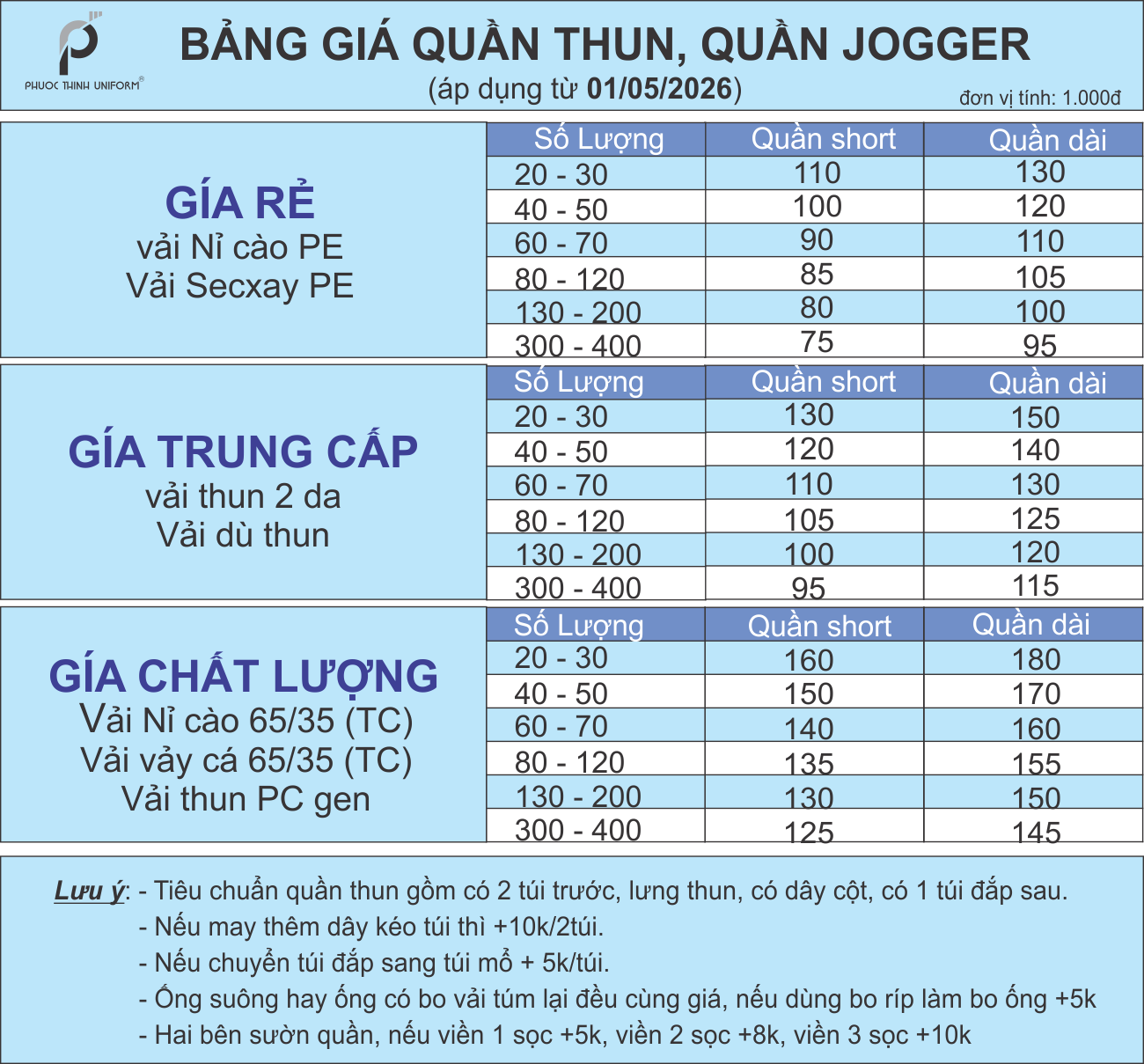 bảng giá may đồng phục