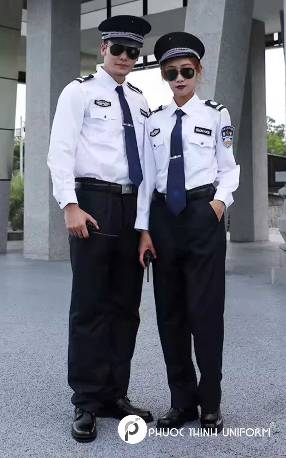 Thiết kế áo đồng phục màu trắng tay dài của bảo vệ chuẩn form cho cả nam và nữ
