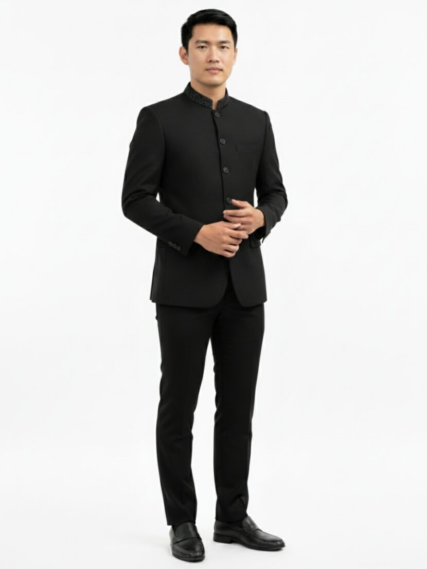 Đồng phục vest cổ tàu đen họa tiết - 02
