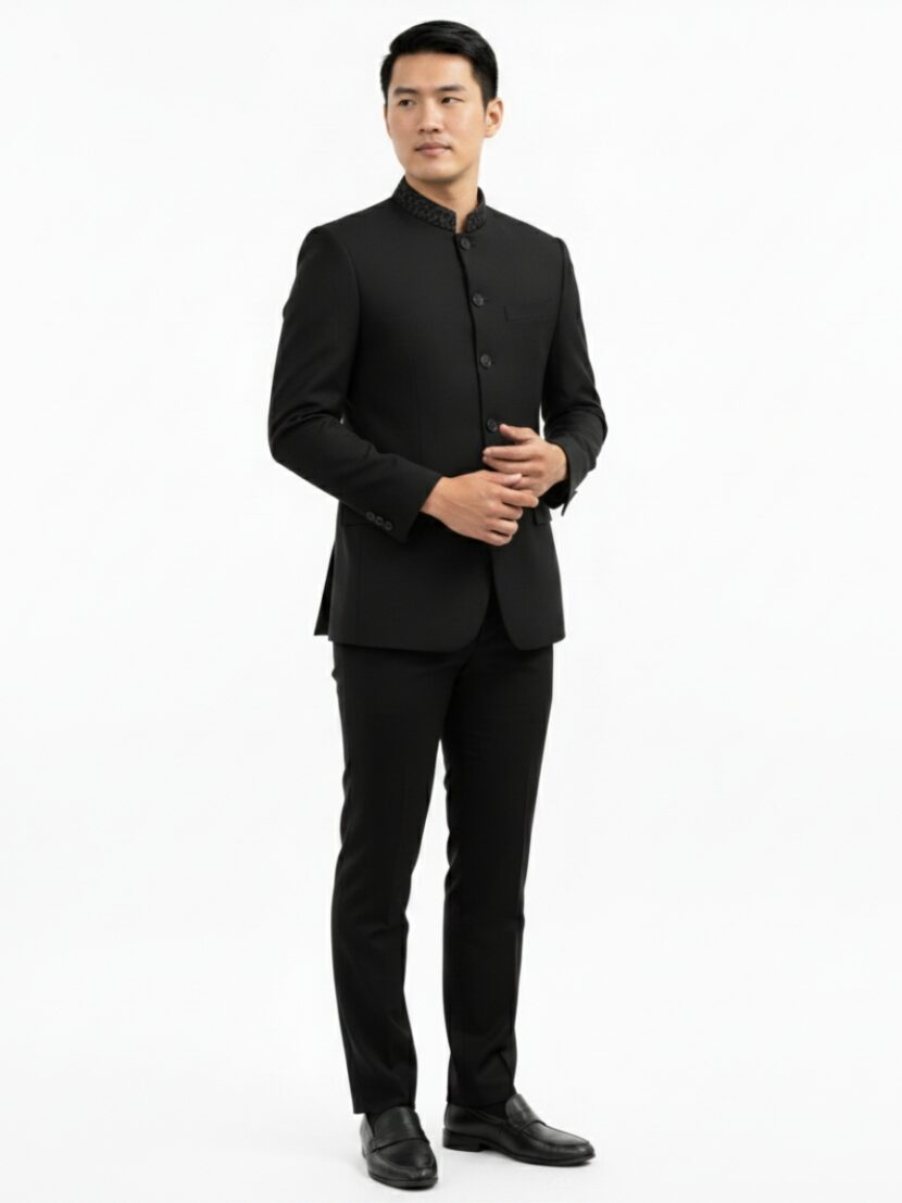 Đồng phục vest cổ tàu đen họa tiết - 02