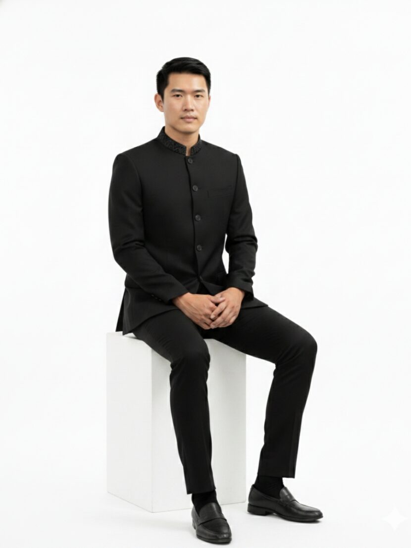 Đồng phục vest cổ tàu đen họa tiết - 02