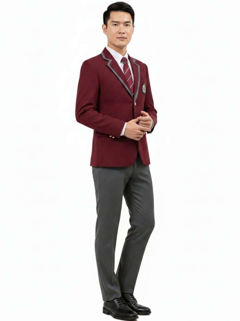 Đồng phục vest học sinh màu đỏ đô viền xám - hs1