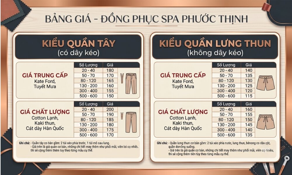 Chi tiết bảng giá may quần Spa tại Phước Thịnh