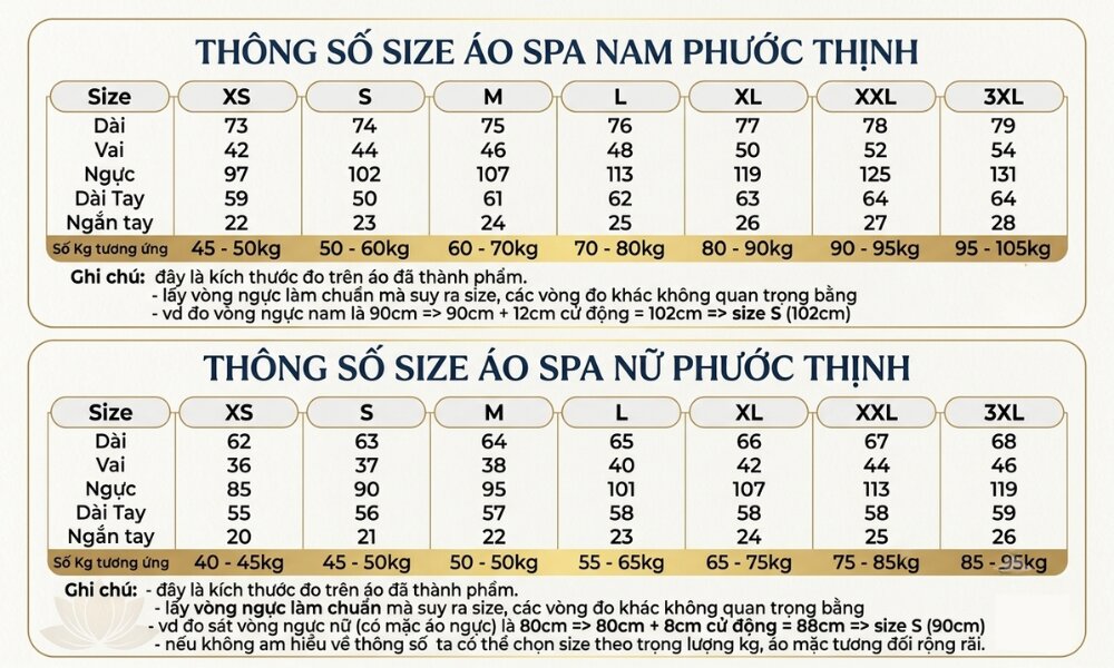 Bảng size áo Spa nam, nữ tại Đồng phục Phước Thịnh