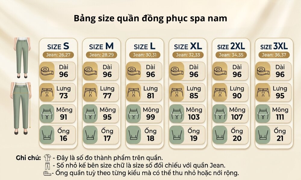 Bảng size quần Spa nữ tại Đồng phục Phước Thịnh