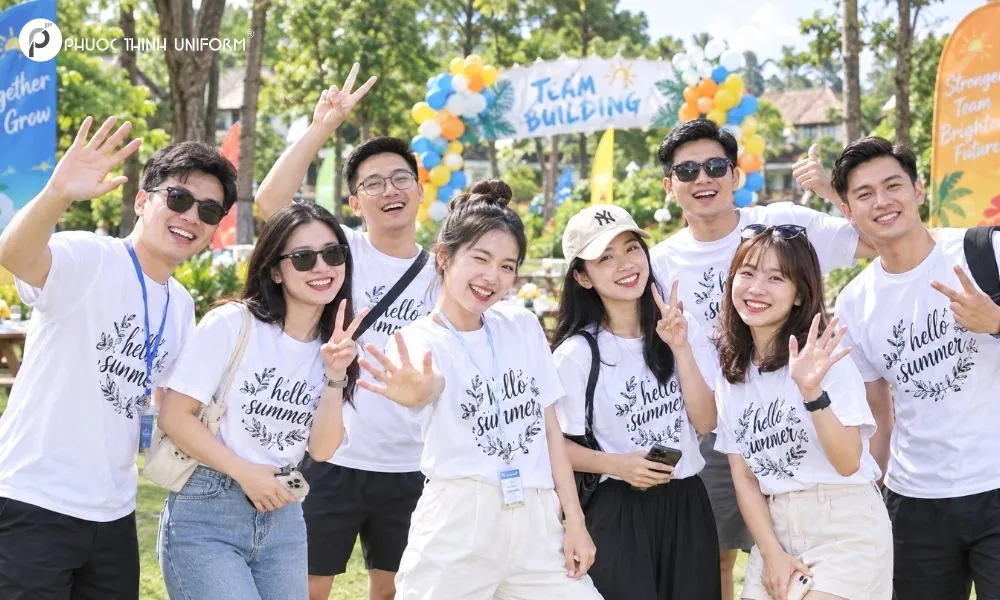 Áo đồng phục team building màu trắng là lựa chọn phổ biến của nhiều doanh nghiệp