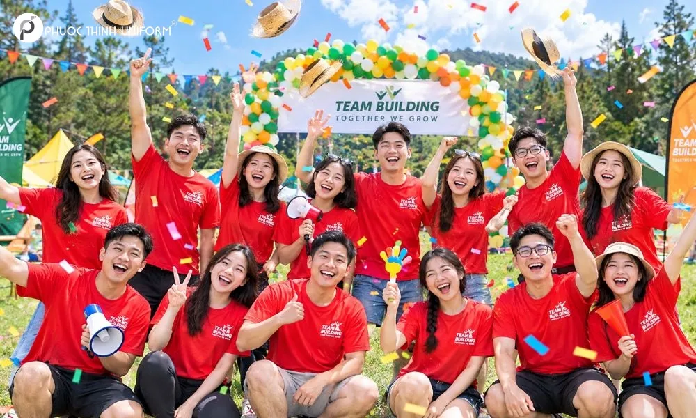 Áo team building màu đỏ thể hiện tinh thần nhiệt huyết đầy năng lượng