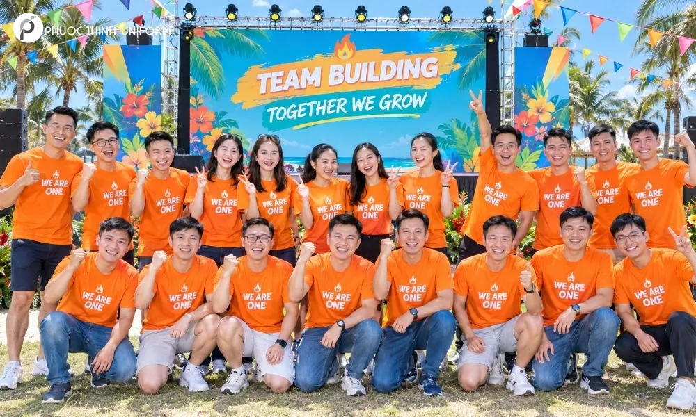 Áo đồng phục team building màu cam biểu tượng cho tinh thần sáng tạo