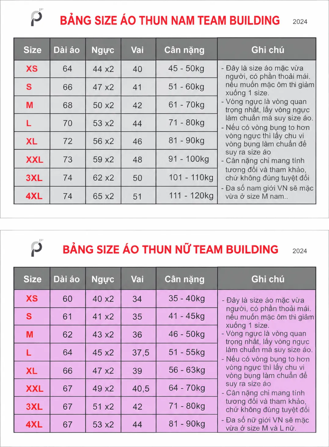 Bảng size áo team building